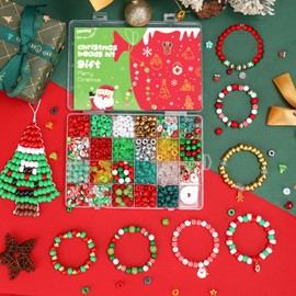 Christmas Pony Beads for Bracelet Making Kit with Christmas Decor Tree Snowflake Charms, Gold Red Green Assorted Beads Clay Beads Plastic Beads for Jewelry Necklace Making Crafts for Girls Kids Gifts