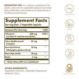 Solgar Ester-C Plus 500 mg Vitamin C (Ascorbate Complex) - 50 Vegetable Capsules - Gentle & Non Acidic - Antioxidant & Immune Support - Non GMO, Vegan, Gluten Free, Kosher - 50 Servings