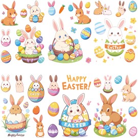 CRASPIRE 8 Sheets Rabbit Window Sticker Easter Bunny Eggs Basket Grass Wall Clings Peel and Stick Paster Waterproof Large Decal for Home Stairway Restaurant Kitchen Showcase Glass Doors PVC Decor
