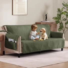 Quilted Olive Green Sofa Slipcovers with Pockets, Anti-Slip Medallion Couch Covers for 3 Cushion Sofa, Couch Cover for Dogs Cats Water-Repellent Machine Washable (Large Sofa 68", Olive Green)