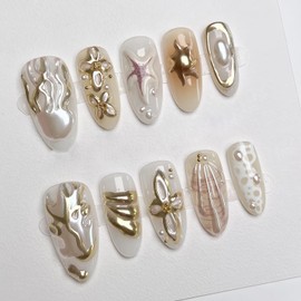 30Pcs French Tip Press on Nails Long Almond Fake Nails with Beach Starfish Shell Ocean Jellyfish Flower Embossed Pattern Rhinestones Nails Design Full Cover Cute False Nail Stick on Nail for Women