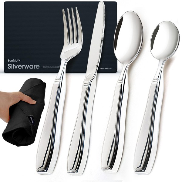 BunMo Weighted Utensils for Tremors and Parkinsons Patients - Heavy Weight Silverware Set of Knife, Fork and Spoon - Adaptive Eating Flatware (4 Pieces)
