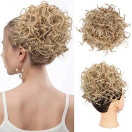 PORSMEER Hairpiece Bun Hair Bun with Elastic Drawstring Short Curls Wave Ponytail Hairpiece Synthetic Hair Like Real Hair Updo Hair Extension Braid for Women Daily Blonde