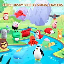 URSKYTOUS 60Pcs Animal Erasers Kids Desk Pets Pencil Erasers 3D Puzzle Erasers Bulk Mini Animal Erasers Toys Fun Cute Eraser for Classroom Rewards, Game Prizes, Treasure Box, Easter Egg Fillers