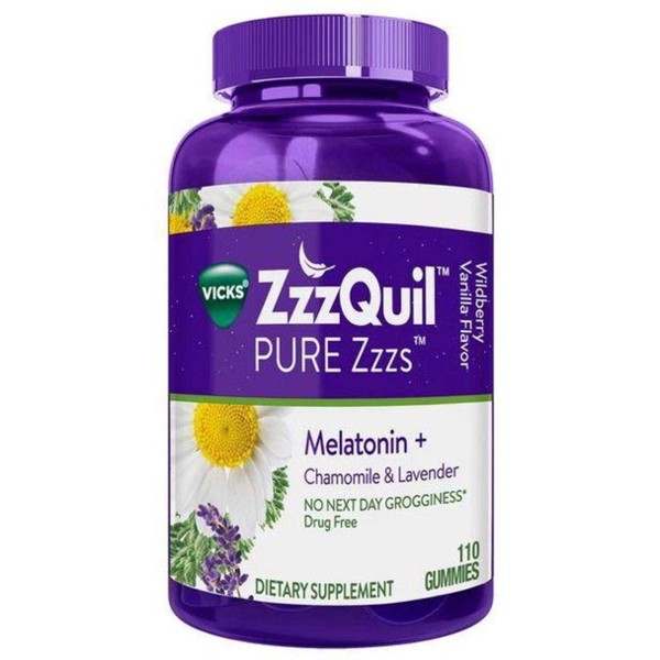 ZzzQuil Pure Zzzs Melatonin Sleep Aid Gummies, 110 ct, with Chamomile, Lavender and Valerian Root, Natural Flavor