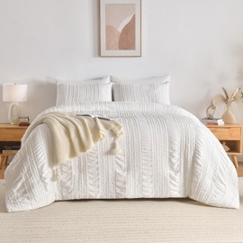 DHSFKBE White Tufted Comforter Set King Size 7 Piece Bed in a Bag，Shabby Chic Boho Bedding for Bedroom Comforter，All Season Soft Microfiber Ruffle Comforter Set with Pillow and Sheets