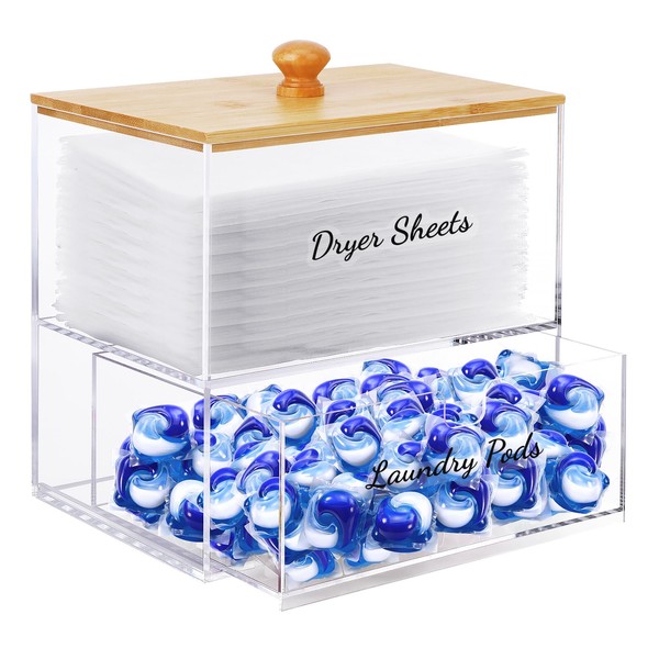 JYPS Acrylic Dryer Sheet Holder with Drawer and Bamboo Lid,