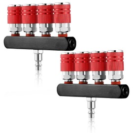 2 Pcs 4 Way Straight Air Manifold Air Hose Splitter 5 Ports 1/4 in Npt Air Compressor Connect Fittings Accessories Swivel 360 Degrees Connectors Air Compressor Hose Accessories(Red)