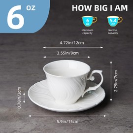 Agyiuns Tea Cups Set Of 4, Tea Cup And Saucer Set,6oz for Tea,Coffee, Latte, Cafe Mocha, Porcelain Tea Party Set (Pure white set of 4)