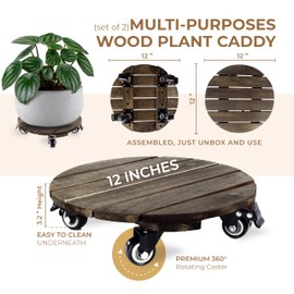 TIMBERHOLM-2PCs-12” Wood Plant Caddy with Wheels, Heavy Duty Rolling Plant Stand, Plant Dolly Roller, 360° Lockable Metal Caster Wheels, For Indoor, Outdoor, Patio Large Plant Pot (Round - Walnut)