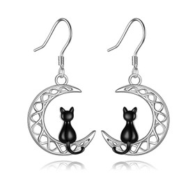 POPLYKE Cat Earrings for Women Sterling Silver Black Cat in the Celtic Moon Dangle Jewelry Gift for Mother