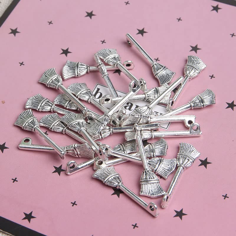 Acxico 40Pcs Broom Charms Broom Pendants Antiqued Silver Tone 3D