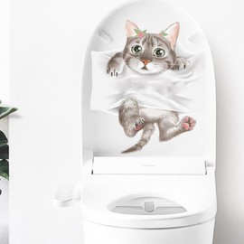 Cartoon Cute Cat Toilet Cover Sticker Decals,Animal Cats Flower Leaf Waterproof Toilet Lid Tank Seat Decals Cistern Self-Adhesive Bathroom Wall Sticker