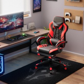 POWERSTONE Gaming Chair Video Game Chair with Footrest and Lumbar Support Racing Style PU Leather Computer Chair Ergonomic Adjustable Swivel Task Chair Red