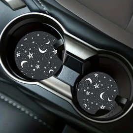 Romantic Moon & Star Pattern Car Coasters for Summer, 1 Pair Waterproof Car Cup Mats for Car Decor, Car Accessories for Girls Boys, Car Stuff, Truck Accessories, Car Interior Decor Accessories for Men & Women, Car Accessories for Girls