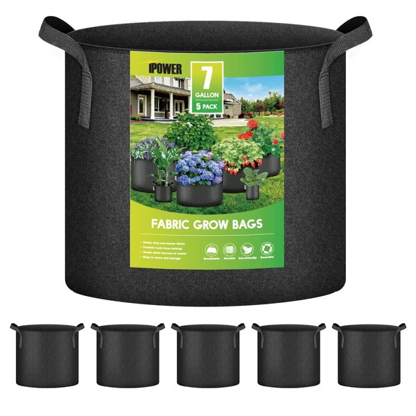 iPower Aeration Container with Strap Handles for Garden and Planting, Fabric, 7 Gallon, 5-Pack Black