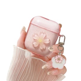 Faneiy for AirPods 2nd/1st Generation Case Pink 3D Flower Cute Clear Glitter,Aesthetic Women Girly with Keychain Protective Earphone Cover for AirPod 2 1