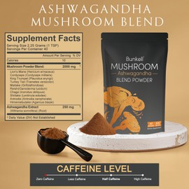 Bunkell Ashwagandha Mushroom Powder, Adaptogenic 10 Mushrooms Complex w/ashwagandha - Lion's Mane, Reishi, Chaga & Maitake - Adaptogens Powder for Energy, Cognitive & Immune Support, 40 Servings