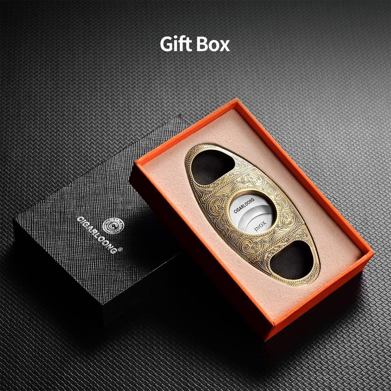 CIGARLOONG Cigar Cutter Bronze Engraved Double Stainless Steel Blade Cigar