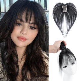 DILUSILK 100% Real Human Hair Toppers with Bangs 360° 3D Coverage Clip in Bangs for Women Bangs Hair Clip with Fringe Hairpieces for Daily Wear Natural Black