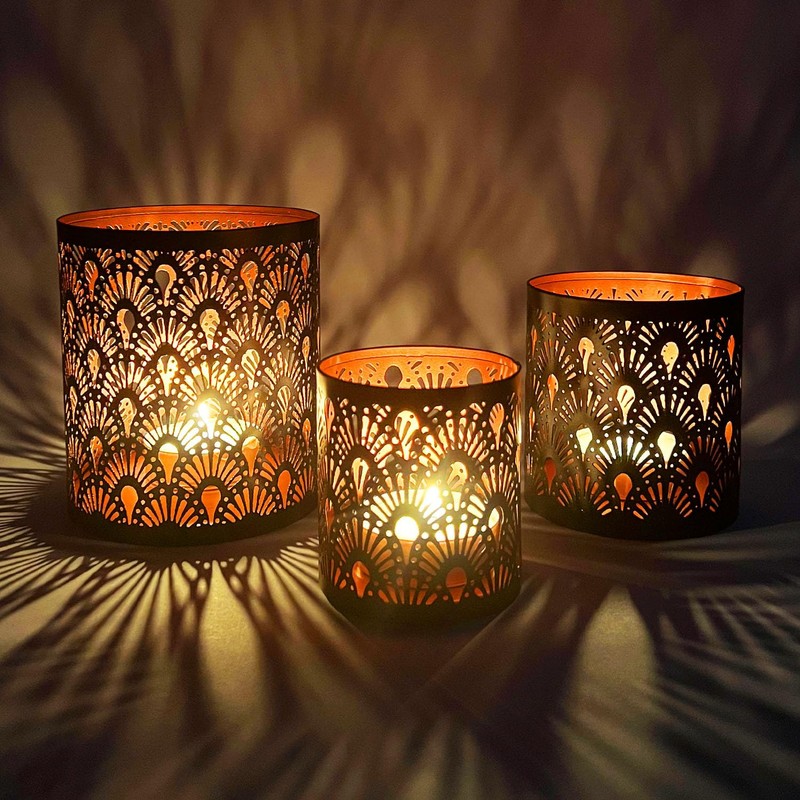Set of 3 Oriental Tea Light Holders Zalia Metal Black