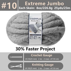 Cozyful Chunky Yarn for Hand Knitting - #10 Chunky Chenille Yarn, Jumbo Big Thick Chunky Yarns for Crocheting, Super Bulky Chunky Knit Blanket Yarns, 8 Skein (25 yds 8 oz Each Skein), Light Grey