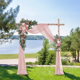 FEILUOYI Wedding Arch with Pink Chiffon Draping, Artificial Rose and Eucalyptus Floral Decor, Dusty Rose