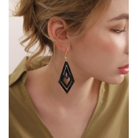 Ozel - Natural Wooden Acrylic Boho Drop Dangle Earrings for Women - Geometric Statement Jewellery - Brown, Black, Magent Red, Olive Green, White beige (3M3315_black)