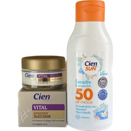 Cien 2er-Set Hautpflege: SENSITIV Sonnenmilch LSF 50 HOCH für empfindliche Haut, UVA + UVB Schutz, ohne Duftstoffe (250 ml) + VITAL TAGESCREME für reife Haut (50 ml), 300 ml