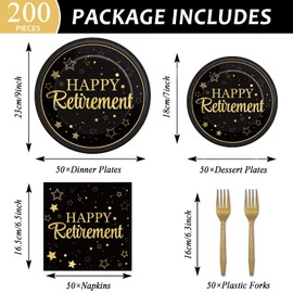 50 Guests Retirement Party Decorations Retirement Plates Napkins Set Happy Retirement Black and Golden Disposable Dinnerware Tableware Graduations Decorations Supplies Favors for Women Men, 200Pcs