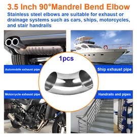 AIMCOCO - Tubo de escape SS304 de acero inoxidable de 3.5 pulgadas y 90 grados para sistema de escape modificado de coche, tubo de escape de 3.5 pulgadas, tono plateado, pasamanos de escalera (1