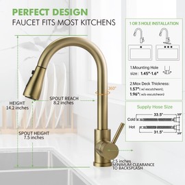 Gold Sink Faucet, Gold Kitchen Faucet with Pull Down Sprayer Stainless Steel Gooseneck for Commercial or Modern Camper RV Farmhouse Bar Sink Single Hole One Hole or 3 Hole Brushed Gold Kitchen Faucet