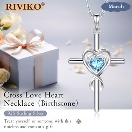 RIVIKO Cross March Birthstone Necklace for Women,925 Sterling Silver Heart Pendant Necklaces Trendy,Cross Jewelry Anniversary Birthday Christmas Day Jewelry Gifts for Mom Wife Girlfriend Her