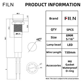 FILN - 5 luces indicadoras LED de 8 mm (5/16 pulgadas), 12 V, 24 V, metal, aluminio, anodizado negro, impermeable, ip67, luz de señal roja (12 V, negro, anodizado, verde, 5 piezas)