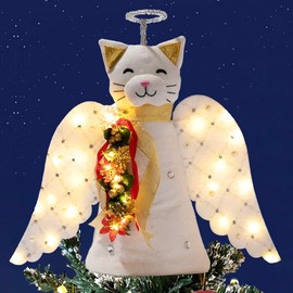iHeartCats Christmas Tree Topper Decoration - The Original Cat ‘Christmas Miracle’ Angel Cat Tree Topper LED Lighted Poinsettia Garland & Wings Decor Ornament, Holiday Decoration