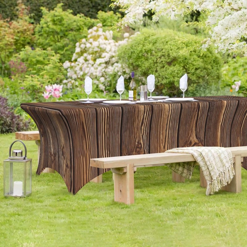 YGPARK 6FT Spandex Tablecloth for Rectangular Tables, Brown Wooden Texture
