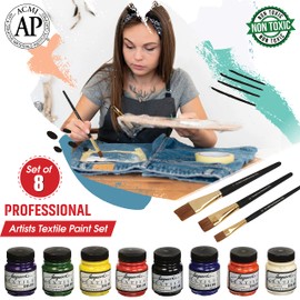 Jacquard Fabric Paint Textile Primary & Secondary 8 Color Set, 2.25-oz, Permanent All-Surface Paint for Jeans, T-Shirts, Shoes, Canvas, Leather, Upholstery, Wood, and more, With 3 Positive Art Brushes