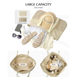 Large Beach Tote Bag with Zipper - Compact Travel Tote for Women with Sun Hat Holder Strap - Vacation Beach Bag, Boho Summer Sand Tote with Secure Hat Carrier