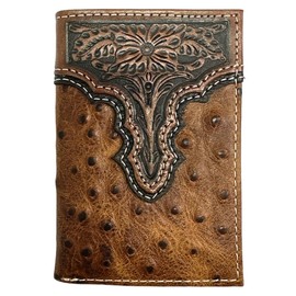 GENUINE TEXAS BRAND Original ARIAT Tooled Ostrich Trifold Wallet, Brown