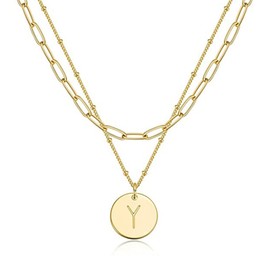 Gold Initial Necklaces for Women Layered Paperclip Letter Necklaces for Teen Girls Initial Coin Pendant Necklaces Gifts (Y)