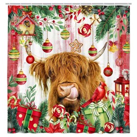 Highland Cow Christmas Shower Curtain, Funny Animals on Rustic Wooden Board Winter Farmhouse Snow Bathroom Bathtubs Decor, Durable Polyester Fabric Xmas Pine Bathroom Accessories with Hooks, 72X72in