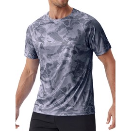 PINSPARK Men's Rash Guard Shirt UPF50+ Printed T-Shirts Quick Dry Athletic Performance Shirts for Men Surf Fishing Hiking Dark Grey