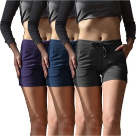 Sexy Basics - Paquete de 3 pantalones cortos deportivos para mujer, ropa activa, descanso, yoga, gimnasio, casual, Paquete de 3 - Negro / Azul Jaspeado / Morado Jaspeado, X-Large
