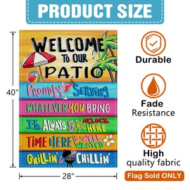 Dyrenson Welcome To Our Patio Summer 28 x 40 House Flag Double Sided, Spring Proudly Serving Whatever You Bring Garden Yard Decorations, Pool Party Outdoor Porch Decor Burlap Decorative Large Flag