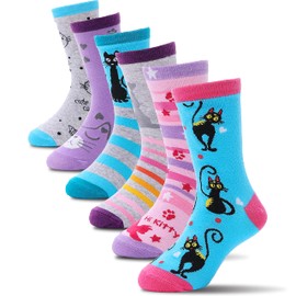 ANTSANG Children Cotton Crew Socks for Girl Boy Kids Toddler Fashion Cute Cartoon Animal Cat Socks 6 Pack (Cat-L, 9-14 Years Old)