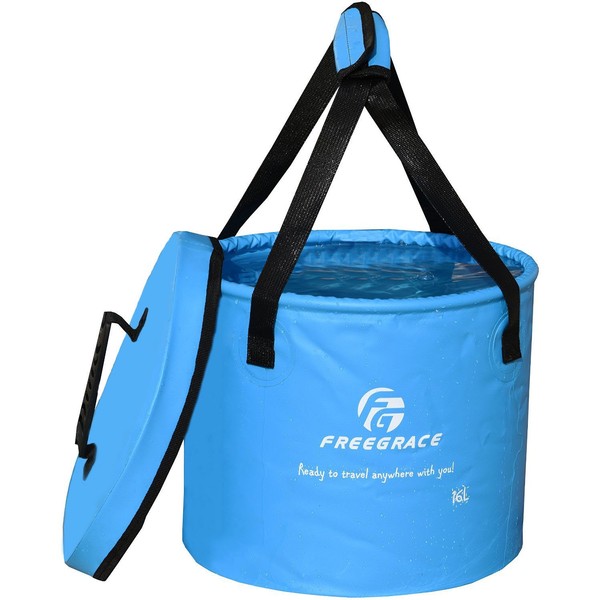 Freegrace Premium Compact plegable cubeta portátil contenedor de agua plegable – ligero y duradero – Incluye bolsillo de malla – disponible en varios colores y tamaños (azul cielo, 16 L (tapa))