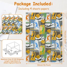Geluode Basketball Wrapping Paper, Sports Theme Gift Wrapping Paper 4 Sheets 20x28 inches per Sheet, Birthday Gift Wrap for Boys Kids Men Basketball Lover Birthday Holiday