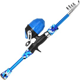 Kilitn Kids Fishing Pole Kit, Easy Fishing Telescopic Casting Rod and Spincast Reel Combos Full Set with Tackle and Travel Bag, for Boys, Girls, Youth, Starter (Blue Camouflage 1.5M 4.93FT)