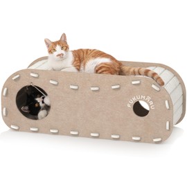 FUKUMARU Cat Beds for Indoor Pets, 31.5 Inches Extra-Large Cat Cave for Multi-Pet, Cozy House with Fluffy Ball Hanging, Scratch Resistant Felt Kitten Hideaway Bed, Feline Tunnel, Beige
