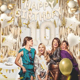 21st Birthday Decorations for Women Girls, Happy 21st Birthday Decorations for Her White and Gold Balloons White Sand Foil Balloons Happy Birthday Banner Fringe Curtain Boho Birthday Party Supplies